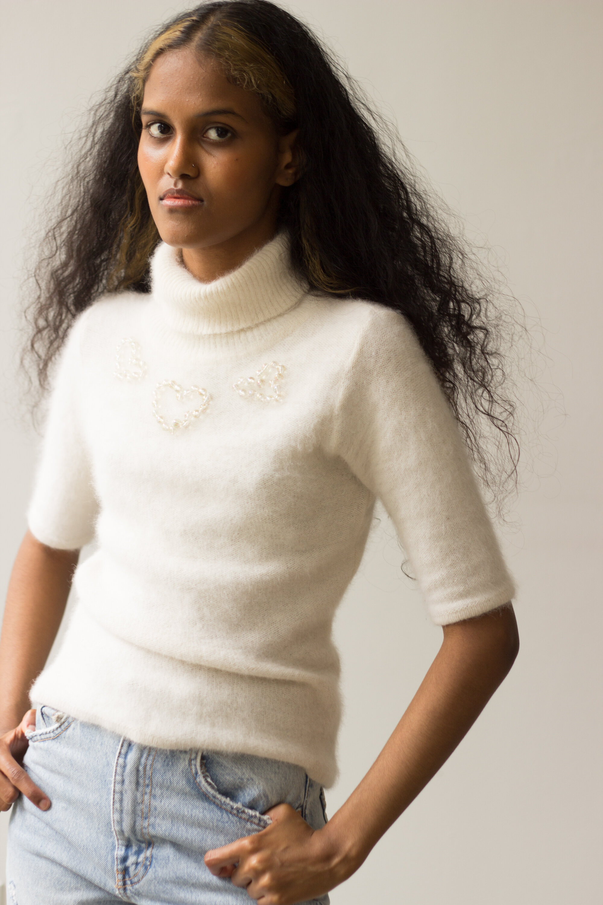 salsation wear トップス ニット M Angora 1990s Creme Angora Knit with Heart Beads — Wayward Collection